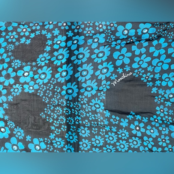 moschino blue heart flower floral silk long rectangle scarf love seide vintage - Picture 2 of 8